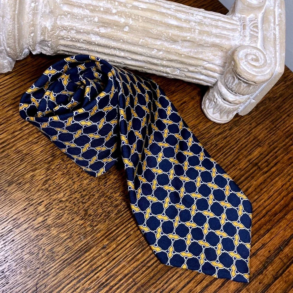 Brooks Brothers Makers Silk Tie Navy‎ Blue Gold Nautical Rope Chain Preppy Mens